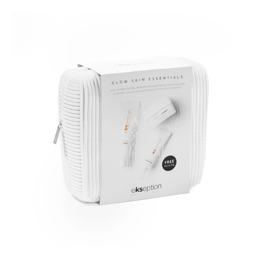 EKSEPTION Švytinčios odos rinkinys nuo pigmentacijos GLOW SKIN ESSENTIALS PACK, 3 prod.+ kosmetinė